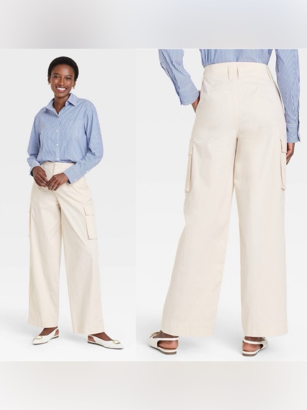 A New Day Women's High-Rise Wide Leg Cargo Pants Cream Size 0